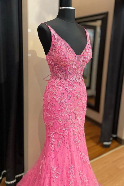 V Neck Mermaid Pink Lace Long Prom Dress, Mermaid Pink Formal Dress, Pink Lace Evening Dress A2073