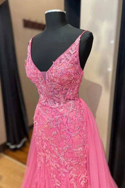 V Neck Mermaid Pink Lace Long Prom Dress, Mermaid Pink Formal Dress, Pink Lace Evening Dress A2073