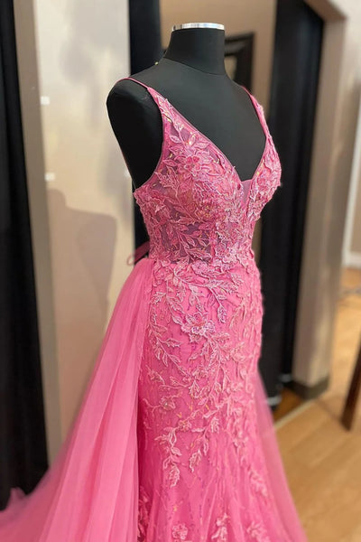 V Neck Mermaid Pink Lace Long Prom Dress, Mermaid Pink Formal Dress, Pink Lace Evening Dress A2073