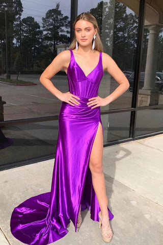 V Neck Mermaid Purple Long Prom Dress with High Slit, Mermaid Purple Formal Dress, Purple Evening Dress with Train A2078