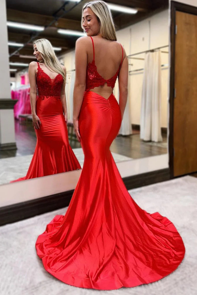 V Neck Mermaid Red Lace Long Prom Dress, Mermaid Red Formal Dress, Red