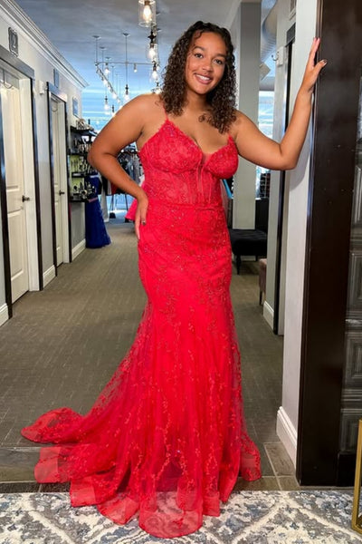 V Neck Mermaid Red Lace Long Prom Dress, Mermaid Red Formal Dress, Red Lace Evening Dress A2562