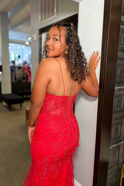 V Neck Mermaid Red Lace Long Prom Dress, Mermaid Red Formal Dress, Red Lace Evening Dress A2562