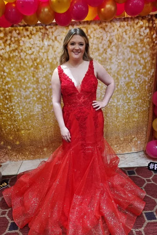 V Neck Mermaid Red Lace Long Prom Dress, Mermaid Red Formal Dress, Red Lace Evening Dress A2550