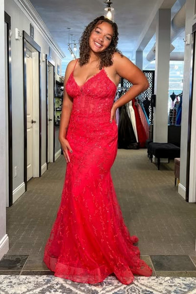 V Neck Mermaid Red Lace Long Prom Dress, Mermaid Red Formal Dress, Red Lace Evening Dress A2562