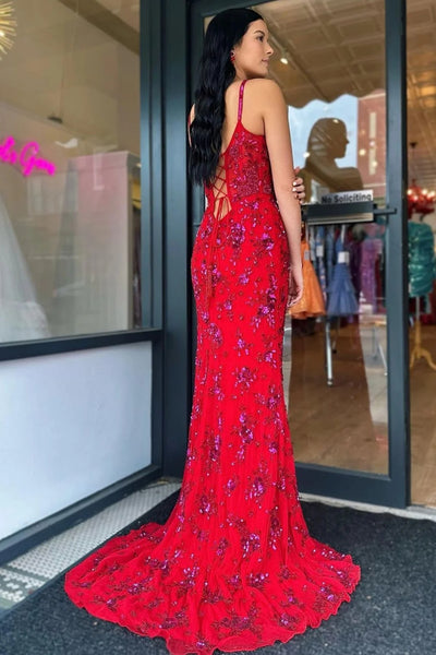 V Neck Mermaid Red Lace Long Prom Dress with High Slit, Red Lace Formal Dress, Red Evening Dress with Train A2080