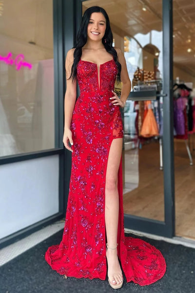 V Neck Mermaid Red Lace Long Prom Dress with High Slit, Red Lace Formal Dress, Red Evening Dress with Train A2080