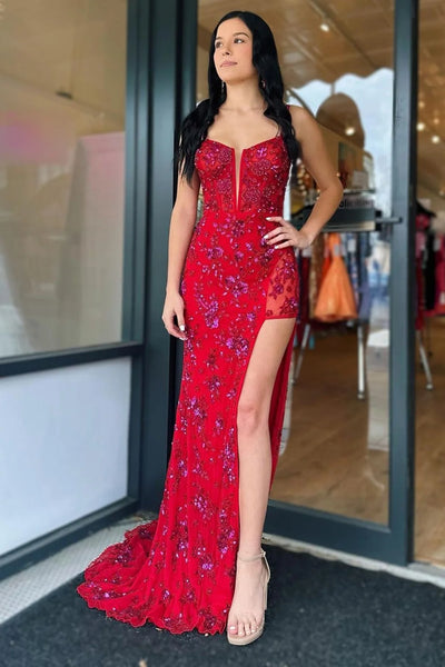 V Neck Mermaid Red Lace Long Prom Dress with High Slit, Red Lace Formal Dress, Red Evening Dress with Train A2080