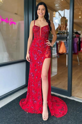 V Neck Mermaid Red Lace Long Prom Dress with High Slit, Red Lace Formal Dress, Red Evening Dress with Train A2080