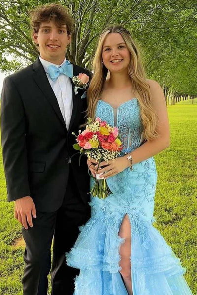 V Neck Mermaid Ruffle Light Blue Lace Long Prom Dress with Slit, Light Blue Lace Formal Evening Dress, Ball Gown A2480