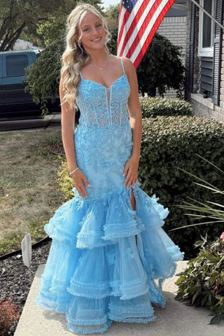V Neck Mermaid Ruffle Light Blue Lace Long Prom Dress with Slit, Light Blue Lace Formal Evening Dress, Ball Gown A2480