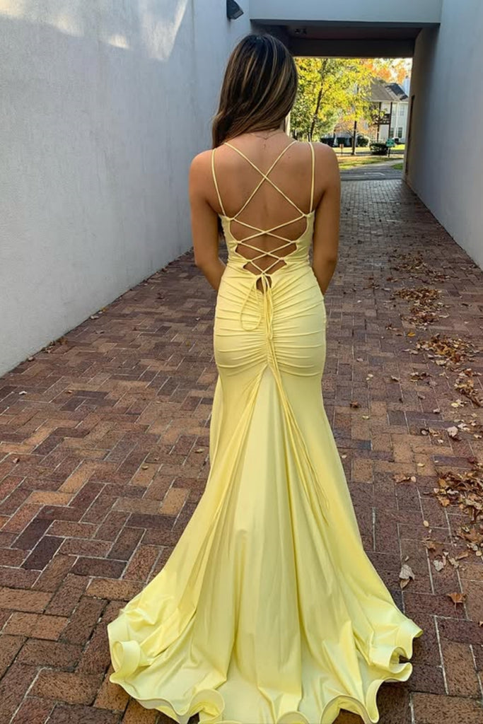V Neck Mermaid Yellow/Blue Satin Long Prom Dress with Leg Slit, Mermai abcprom V Neck Mermaid Yellow/Blue Satin Long Prom Dress with Leg Slit, Mermai abcprom