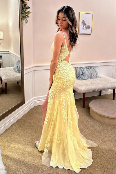 V Neck Mermaid Yellow Lace Long Prom Dress with Side Split, Mermaid Yellow Formal Dress, Yellow Lace Evening Dress A2057