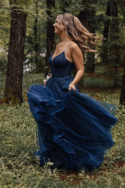 V Neck Navy Blue Lace Long Prom Dress, Navy Blue Lace Formal Dress, Navy Blue Evening Dress A2349