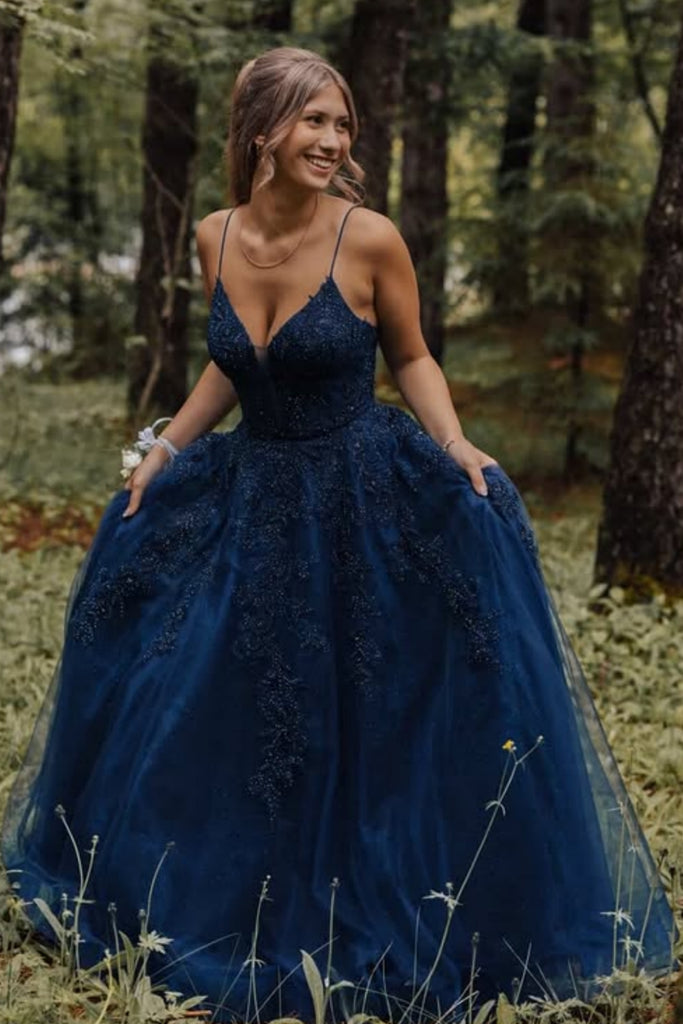 V Neck Navy Blue Lace Long Prom Dress, Navy Blue Lace Formal Dress, Na