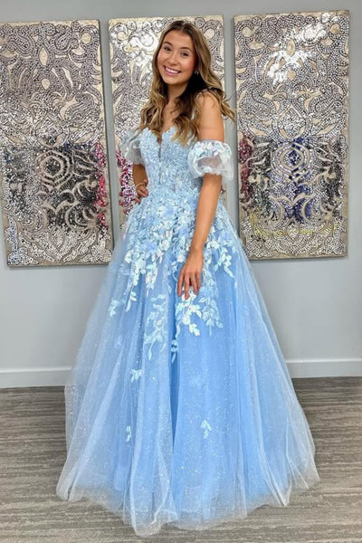 V Neck Off the Shoulder Blue Lace Long Prom Dress, Blue Lace Formal Dress, Blue Evening Dress A2502