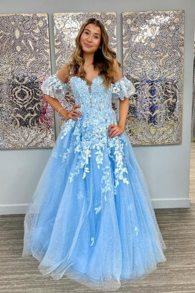 V Neck Off the Shoulder Blue Lace Long Prom Dress, Blue Lace Formal Dress, Blue Evening Dress A2502