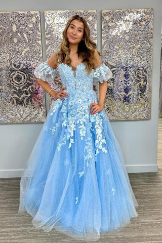 V Neck Off the Shoulder Blue Lace Long Prom Dress, Blue Lace Formal Dress, Blue Evening Dress A2502
