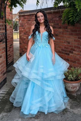 V Neck Off the Shoulder Blue Lace Long Prom Dress, Fluffy Blue Lace Formal Dress, Blue Evening Dress A2552
