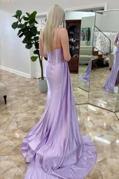 V Neck Open Back Beaded Mermaid Purple Satin Long Prom Dress with High Slit, Mermaid Purple Formal Dress, Purple Evening Dress