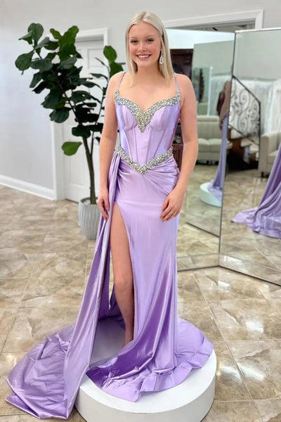V Neck Open Back Beaded Mermaid Purple Satin Long Prom Dress with High Slit, Mermaid Purple Formal Dress, Purple Evening Dress