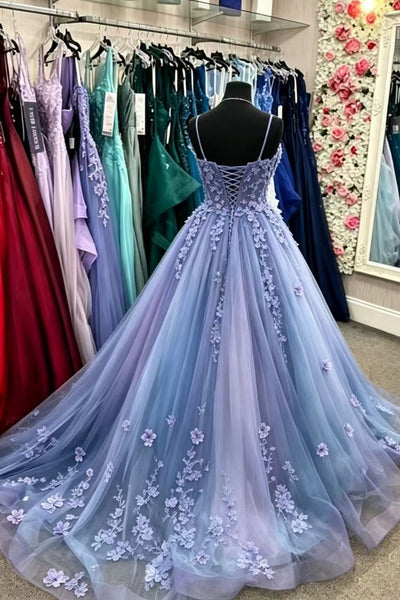 V Neck Open Back Blue Lace Floral Long Prom Dress, Blue Lace Formal Dress, Blue Evening Dress with Appliques A2622