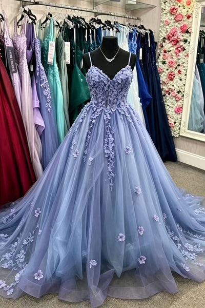 V Neck Open Back Blue Lace Floral Long Prom Dress, Blue Lace Formal Dress, Blue Evening Dress with Appliques A2622