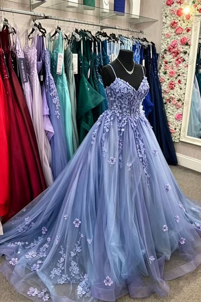 V Neck Open Back Blue Lace Floral Long Prom Dress, Blue Lace Formal Dress, Blue Evening Dress with Appliques A2622