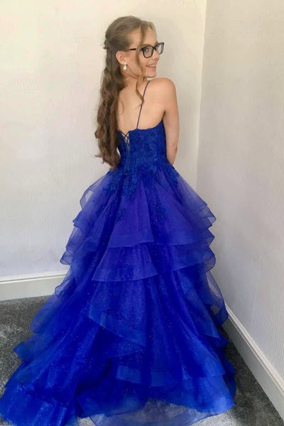 V Neck Open Back Blue Lace Long Prom Dress, Blue Lace Formal Dress, Blue Evening Dress A2271