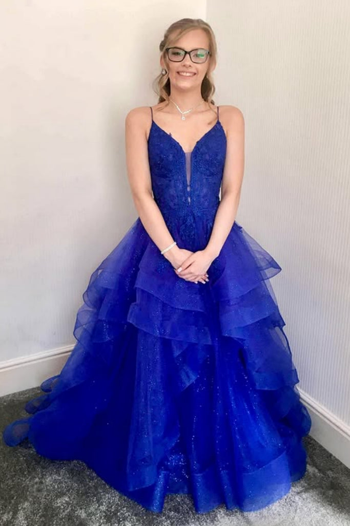 V Neck Open Back Blue Lace Long Prom Dress, Blue Lace Formal Dress, Blue Evening Dress A2271