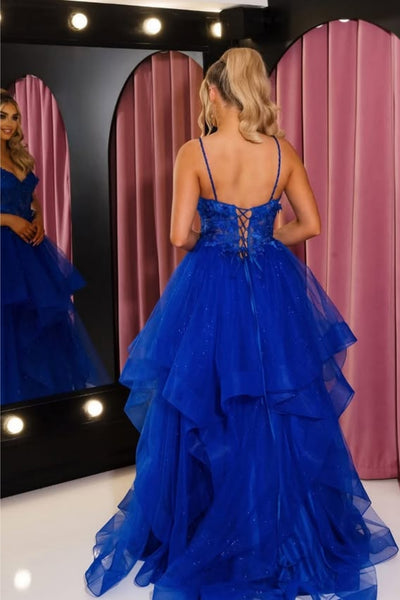 V Neck Open Back Blue Lace Long Prom Dress, Blue Lace Formal Dress, Blue Tulle Evening Dress A2259