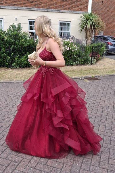 V Neck Open Back Burgundy Lace Long Prom Dress, Burgundy Lace Formal Dress, Burgundy Tulle Evening Dress A2589
