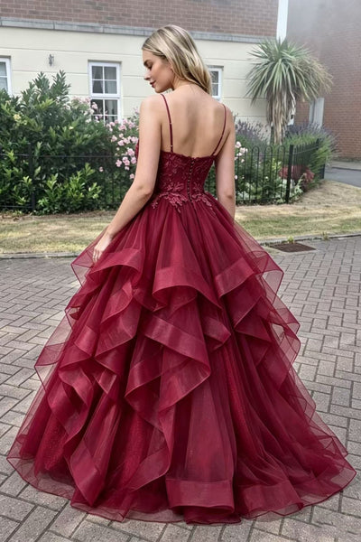 V Neck Open Back Burgundy Lace Long Prom Dress, Burgundy Lace Formal Dress, Burgundy Tulle Evening Dress A2589