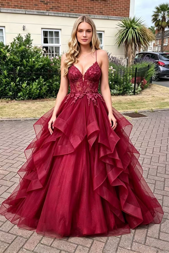 V Neck Open Back Burgundy Lace Long Prom Dress, Burgundy Lace Formal Dress, Burgundy Tulle Evening Dress A2589