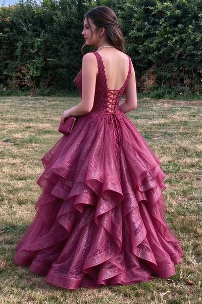 V Neck Open Back Burgundy Lace Long Prom Dress, Maroon Lace Formal Evening Dress, Burgundy Ball Gown A2614
