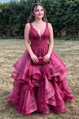 V Neck Open Back Burgundy Lace Long Prom Dress, Maroon Lace Formal Evening Dress, Burgundy Ball Gown A2614