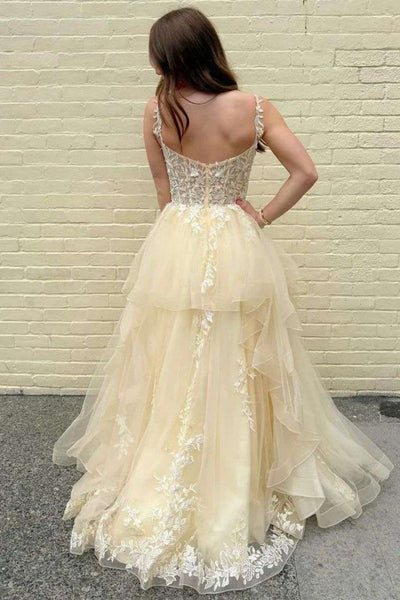 V Neck Open Back Champagne Lace Long Prom Dress, Champagne Lace Formal Dress, Champagne Tulle Evening Dress A2282