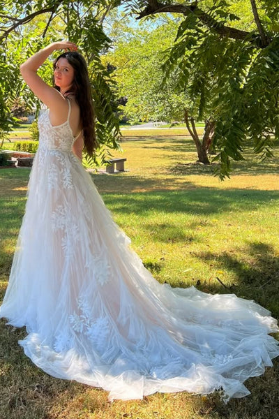 V Neck Open Back Champagne Lace Long Prom Dress with Train, Champagne Lace Formal Dress, Champagne Evening Dress A2261