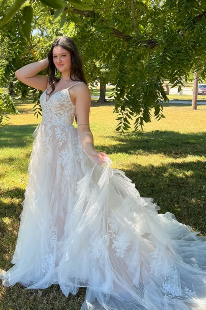 V Neck Open Back Champagne Lace Long Prom Dress with Train, Champagne Lace Formal Dress, Champagne Evening Dress A2261