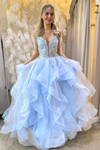 V Neck Open Back Fluffy Blue Lace Long Prom Dress, Blue Lace Formal Dress, Blue Evening Dress A2617