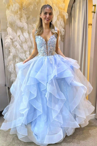 V Neck Open Back Fluffy Blue Lace Long Prom Dress, Blue Lace Formal Dress, Blue Evening Dress A2617