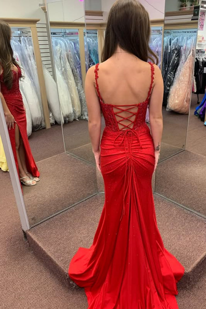 red silk prom dress open back Deep V Neck High Slit Backless Red Prom Dress Evening Dress PG466 US4 / Custom Color