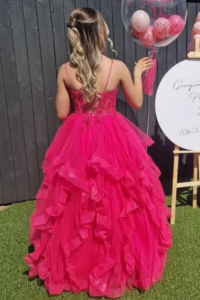 V Neck Open Back Hot Pink Lace Long Prom Dress, Hot Pink Lace Formal Dress, Hot Pink Evening Dress A2279