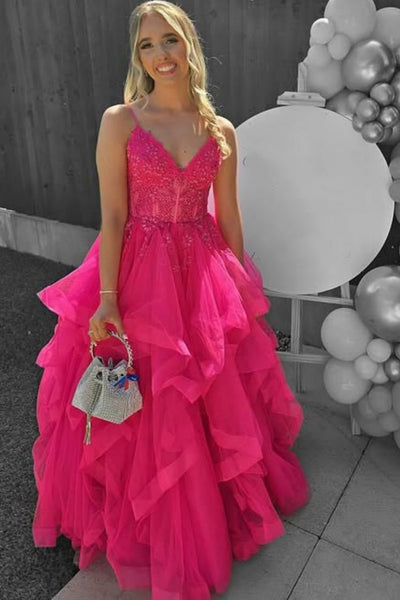 V Neck Open Back Hot Pink Lace Long Prom Dress, Hot Pink Lace Formal Dress, Hot Pink Evening Dress A2279