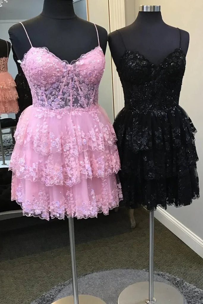V Neck Open Back Layered Pink/Black Lace Short Prom Dress, Pink/Black