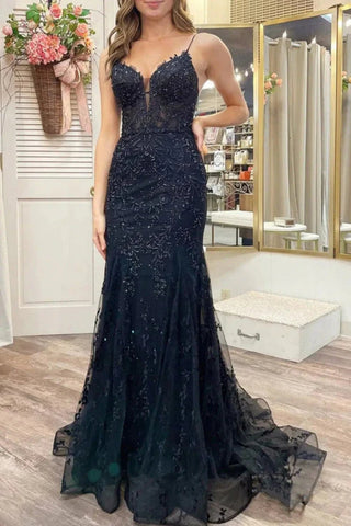 V Neck Open Back Mermaid Black Lace Long Prom Dress, Mermaid Black For abcprom V Neck Open Back Mermaid Black Lace Long Prom Dress, Mermaid Black For abcprom