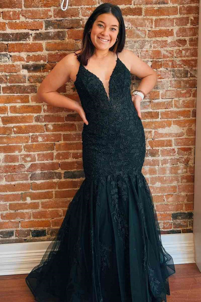 V Neck Open Back Mermaid Black Lace Long Prom Dress, Mermaid Black For abcprom V Neck Open Back Mermaid Black Lace Long Prom Dress, Mermaid Black For abcprom