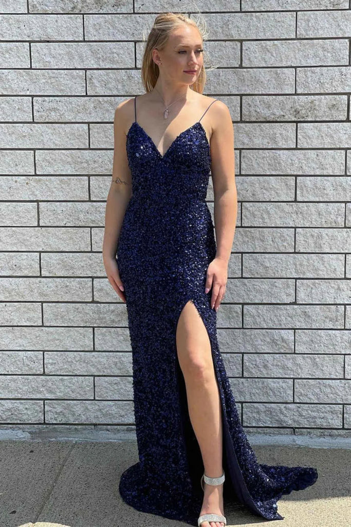 V Neck Open Back Mermaid Navy Blue Sequins Long Prom Dress with High S abcprom V Neck Open Back Mermaid Navy Blue Sequins Long Prom Dress with High S abcprom