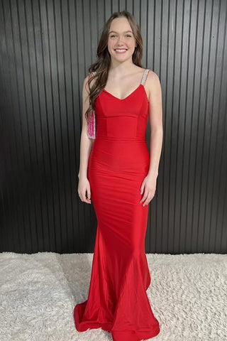 V Neck Open Back Mermaid Red Satin Long Prom Dress, Mermaid Red Formal Dress, Red Evening Dress A2573