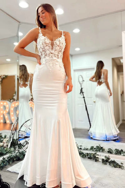 V Neck Open Back Mermaid White Lace Long Prom Dress, Ivory Lace Formal Dress, Mermaid White Evening Dress A1973